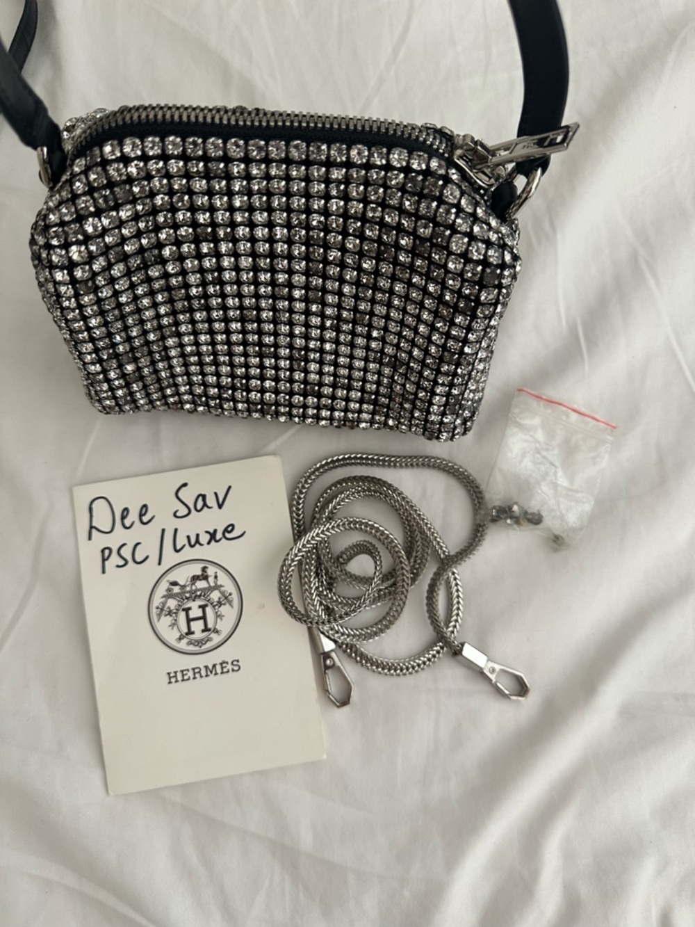 Crystal-Embellished Silver Crossbody Bag -